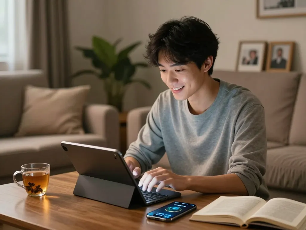 Engaging scene with a young adult interacting with an AI slut companion on a tablet, in a cozy home setting.
