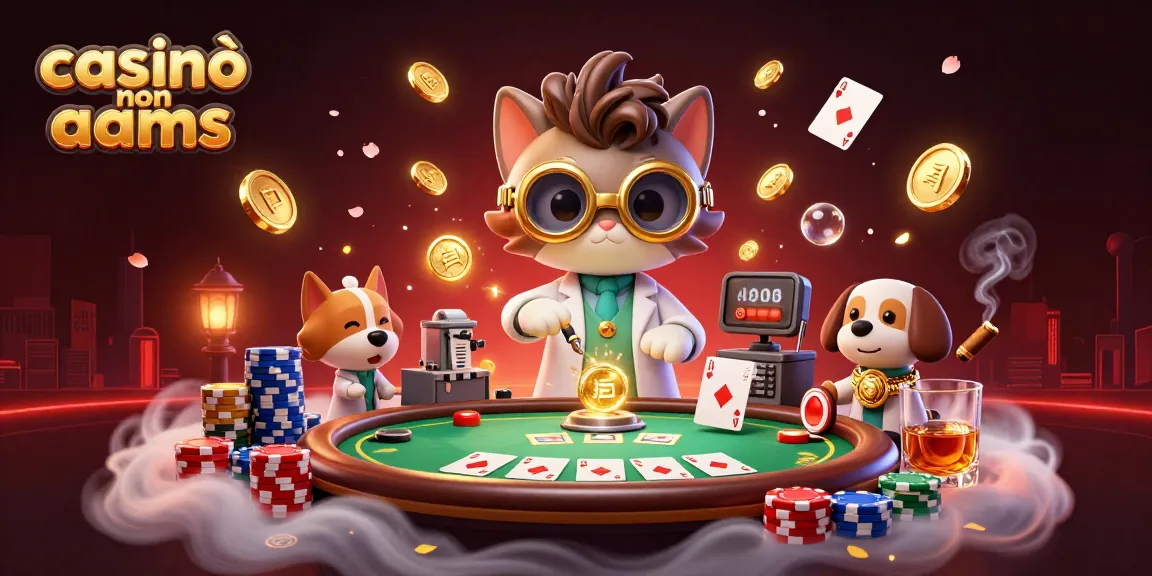 Giocando nei casinò non AAMS, l'illustrazione mostra un gatto scienziato e il suo assistente in un laboratorio tra fiches e carte da poker.
