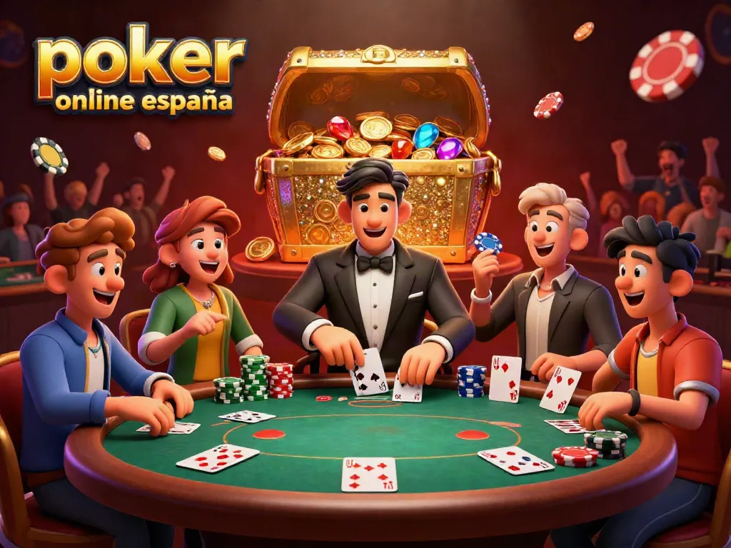 Juega poker online en España con una emocionante escena de mesa de apuestas y fichas brillantes.