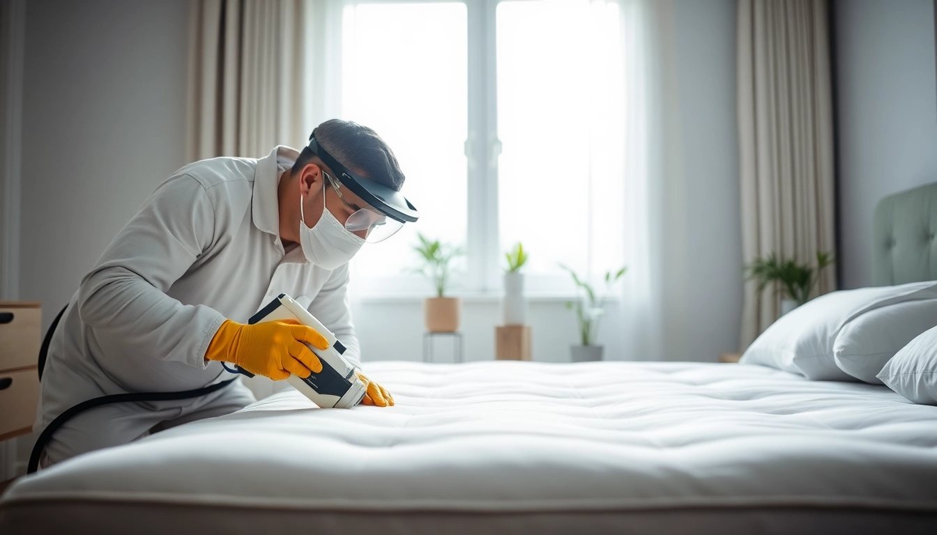 Technician performing bed bug chemical treatment on a mattress in a clean bedroom.