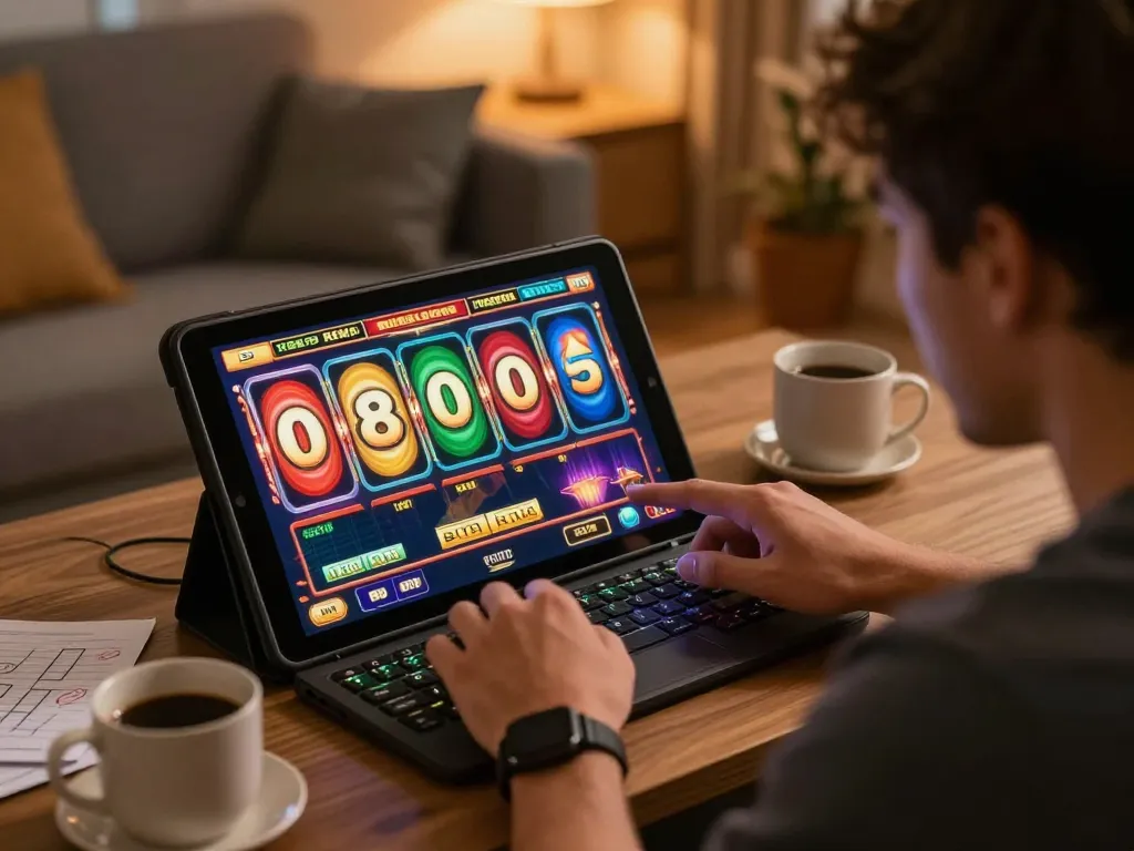 Engaging in slot bet kecil action at home with tablet gaming excitement and strategy.