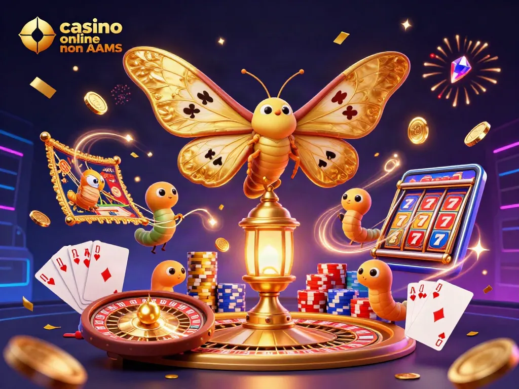 Scopri i vivaci momenti nei casinò online non AAMS con l'illustrazione di una falena dorata e monete scintillanti.