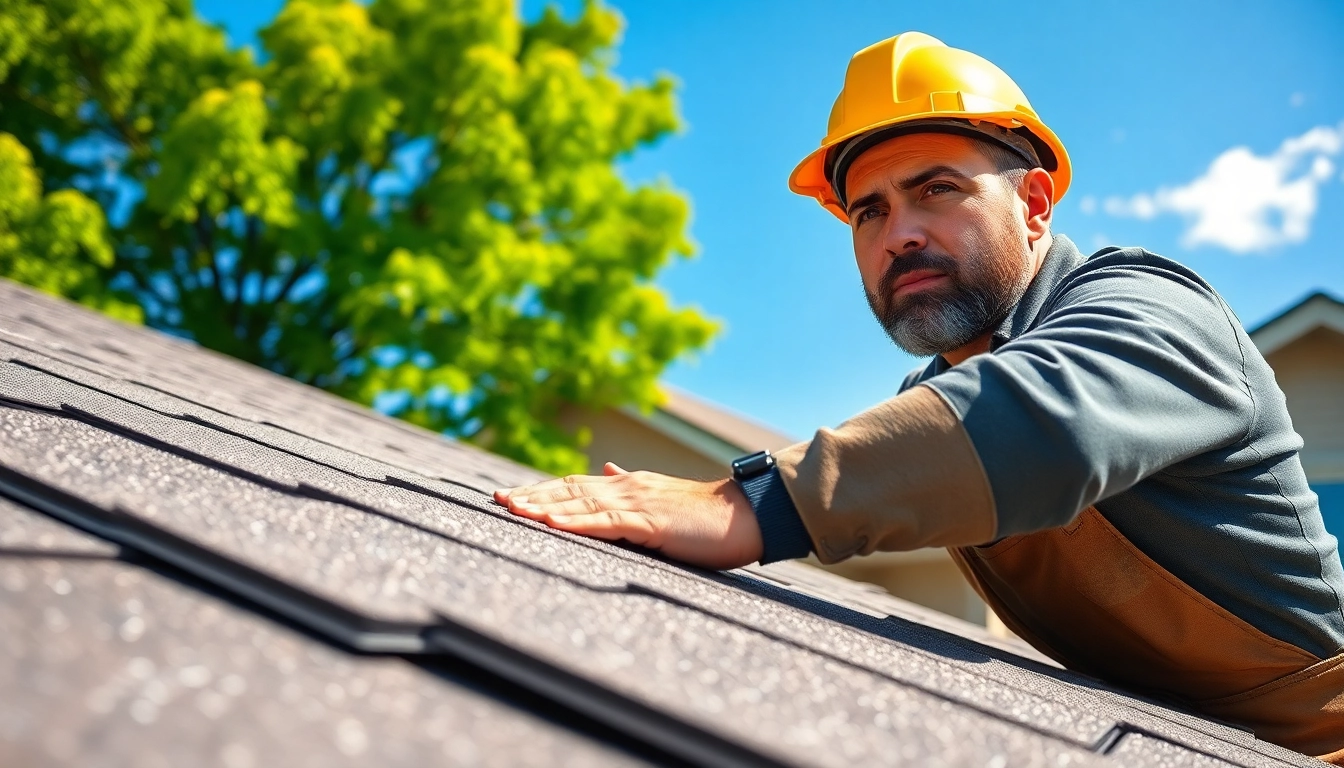 Offering reliable roofing services, a contractor diligently works on a home’s roof, emphasizing quality and professionalism.