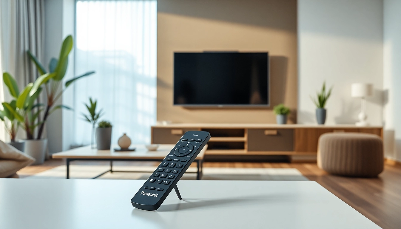 Steuerung der Panasonic Fernbedienung TX-55 in einem eleganten Wohnzimmer mit moderner Einrichtung.