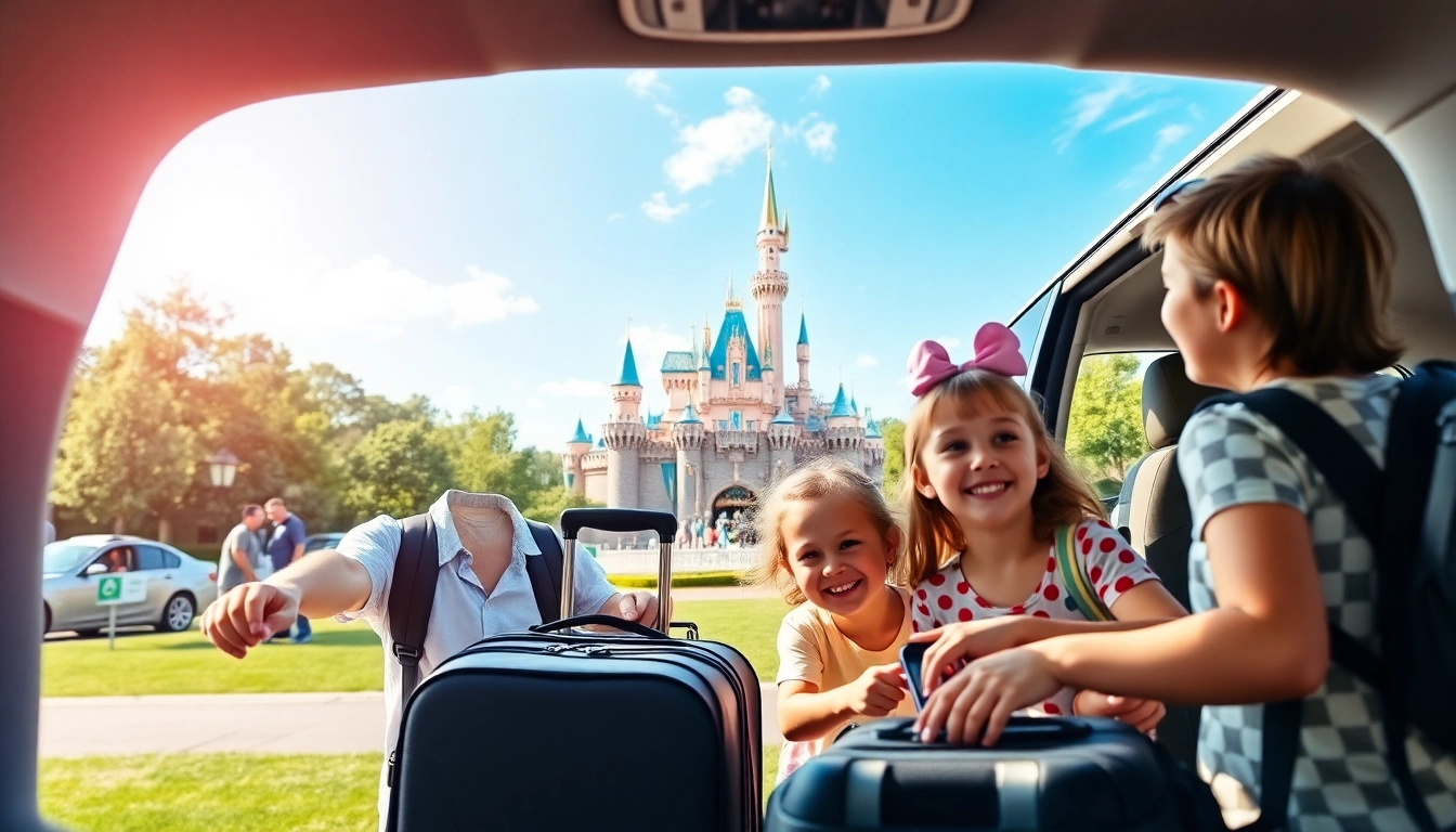 Enjoying a scenic Beauvais Airport to Disney Transfer, a happy family arrives at Disneyland Paris.