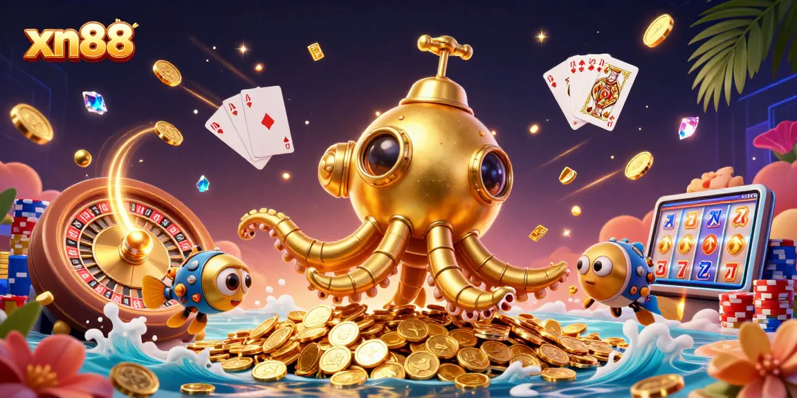 xn88's thrilling underwater adventure with a golden kraken submarine amidst dazzling casino elements.