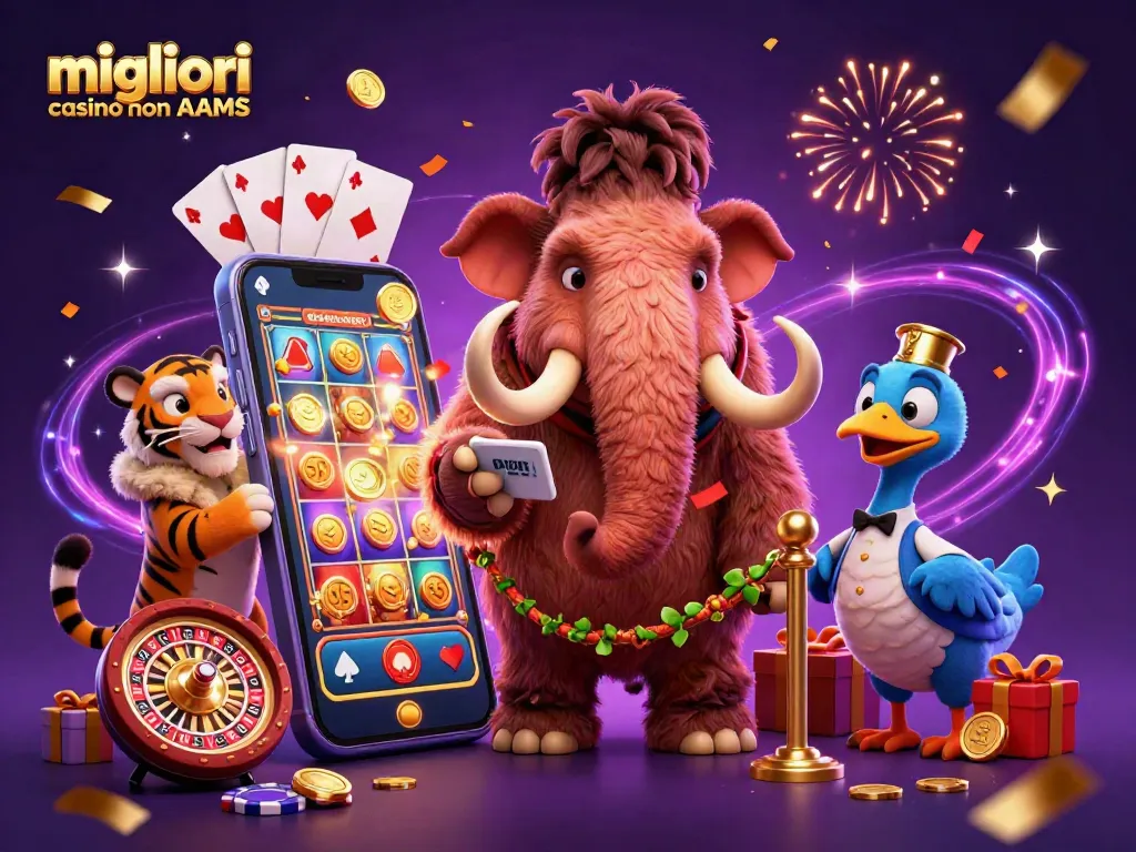 giocando nei migliori casino non AAMS con un mammut e un tigre dalla pelliccia, atmosfera festosa e gioco attivo