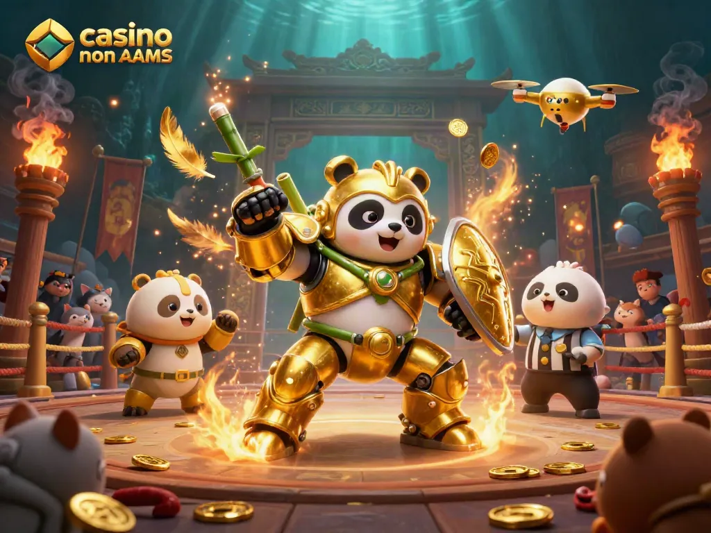 Gioca in un casino online non AAMS con un panda d'oro in un robot da combattimento, circondato da effetti di fuoco e monete d'oro.