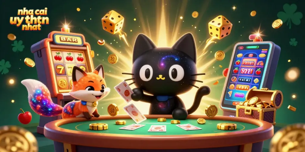 Mô tả nhà cái uy tín nhất, hình ảnh kết hợp giữa mèo vũ trụ, bàn casino và slot machine nổ huỷ diệt.