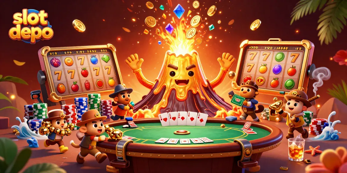 Engage with the thrilling slot depo experience featuring vibrant 3D visuals of a golden volcano and slot machines.