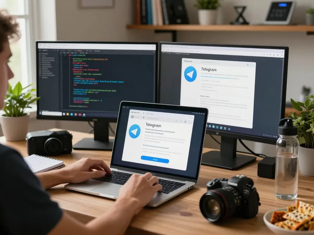 Person installing telegram 下载 on a MacBook in a cozy tech workspace surrounded by coding notes and snacks.