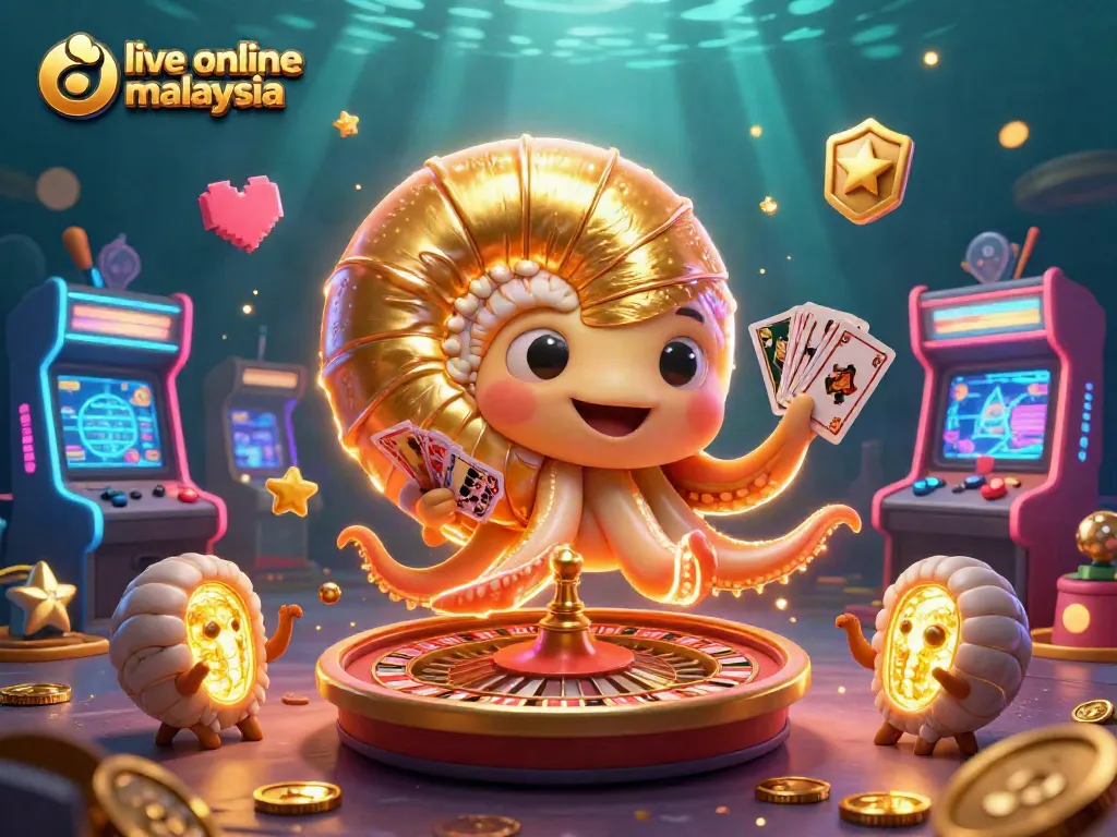 Experience the excitement at live online casino Malaysia with a glowing nautilus roulette wheel and vibrant gaming elements.