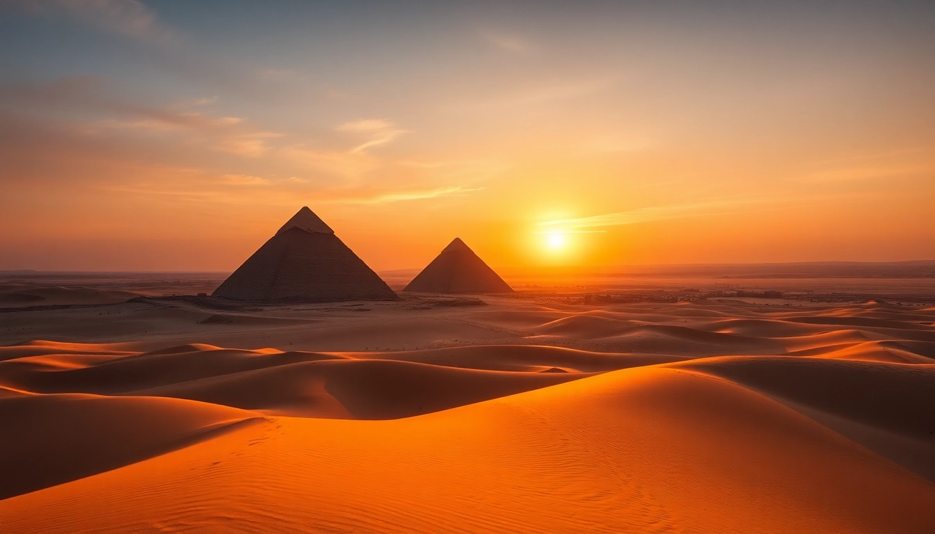 Aerial view of the stunning piraminds in Giza at sunset, highlighting their ancient majesty.