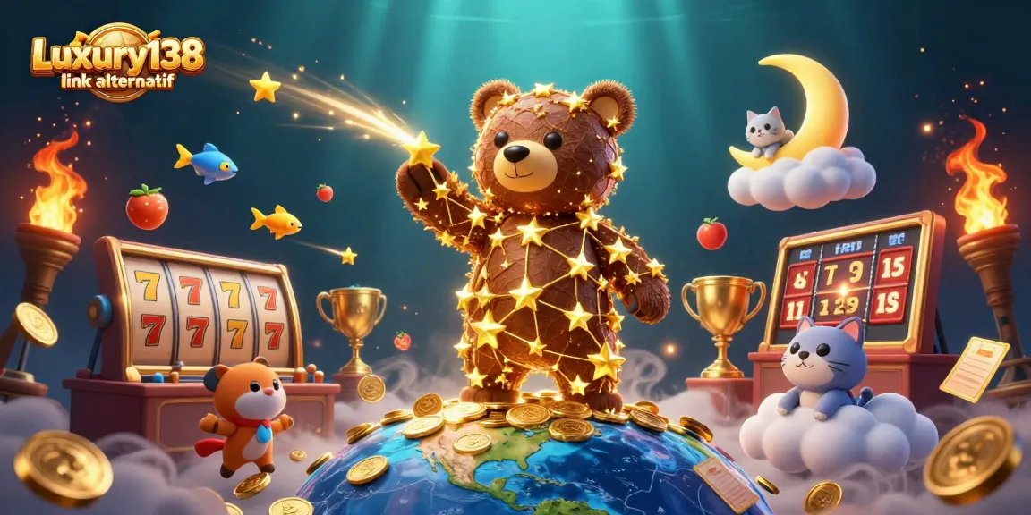 Engage with Luxury138 link alternatif, a vibrant casino illustration showcasing dynamic slot game action and golden rewards.
