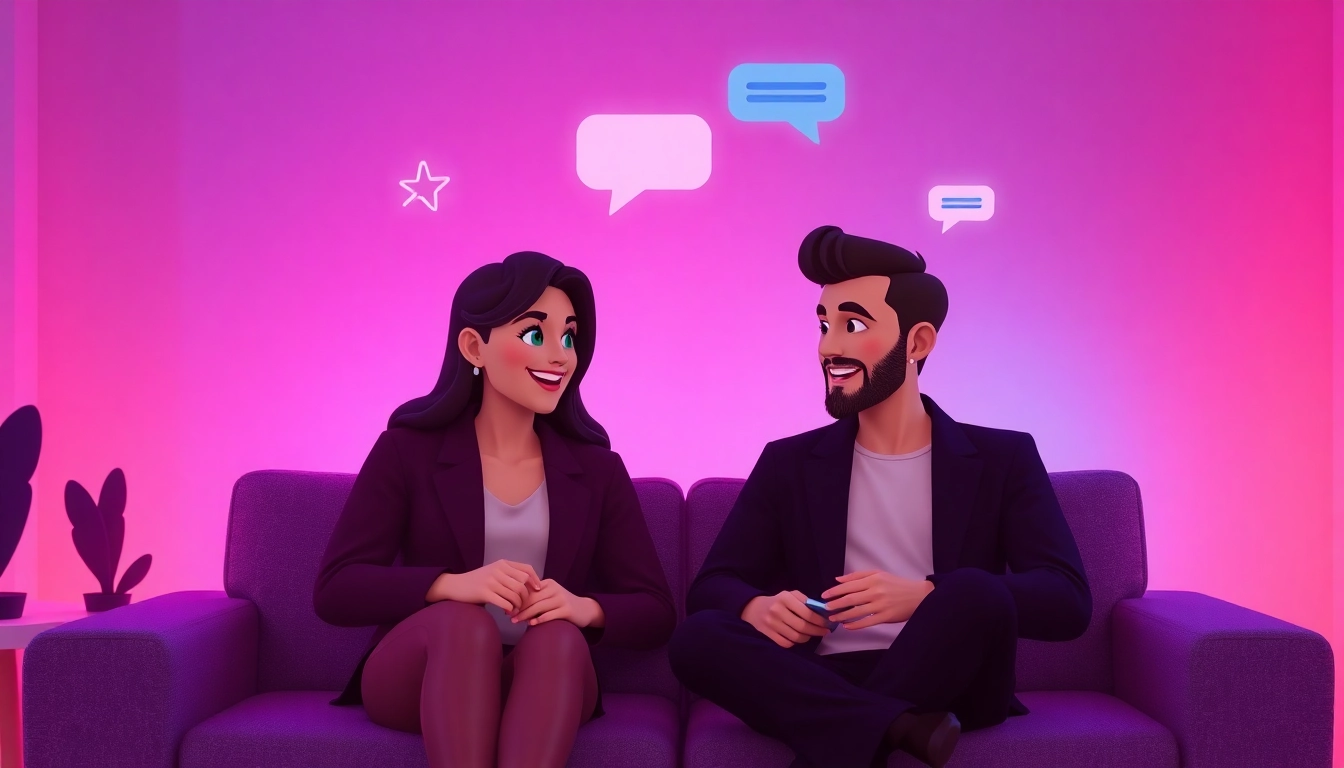 Engaging AI sex chat avatars in a cozy digital conversation setting with playful dialogue.