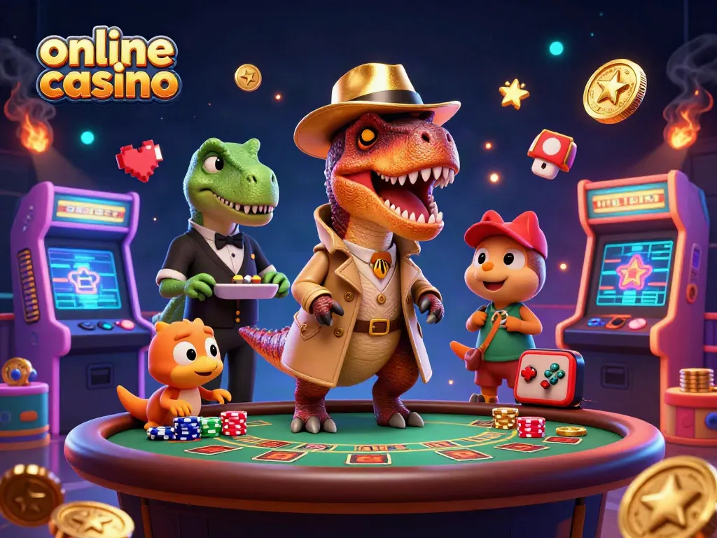 Juega en un casino online con esta ilustración de un velociraptor en una mesa de blackjack.