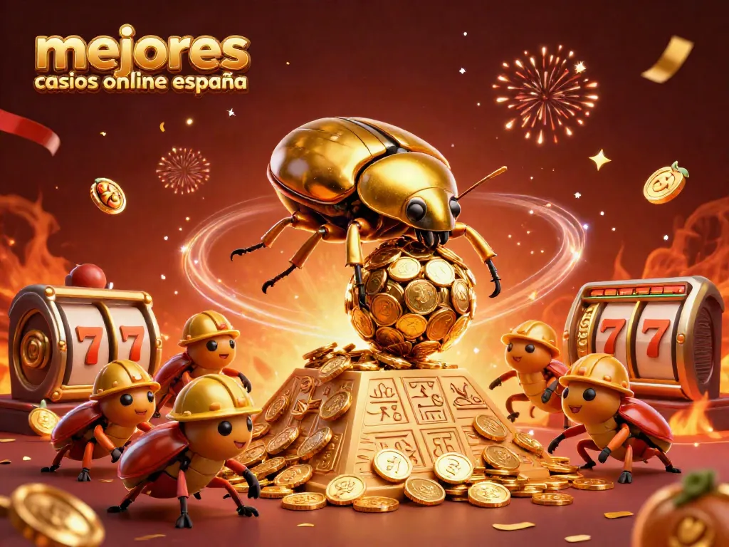 Ilustración divertida de los mejores casinos online España que muestra un escarabajo dorado y símbolos de tragamonedas.