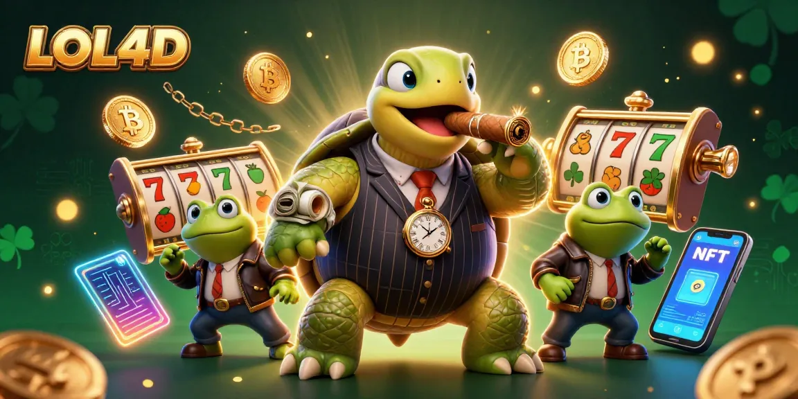 Bermain slot jackpot di LOL4D dengan karakter penyu besar dalam setelan vintage, dikelilingi elemen casino 3D.