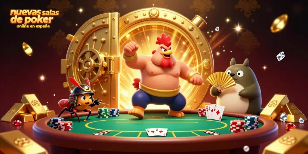 Juega en nuevas salas de poker online en España con personajes animados en acción y elementos de casino brillantes.