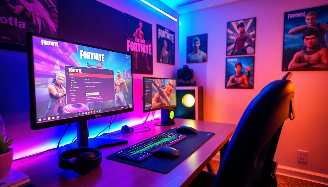 Enhance your gameplay with the Best Fortnite script, featuring an advanced interface in a vibrant gaming setup.