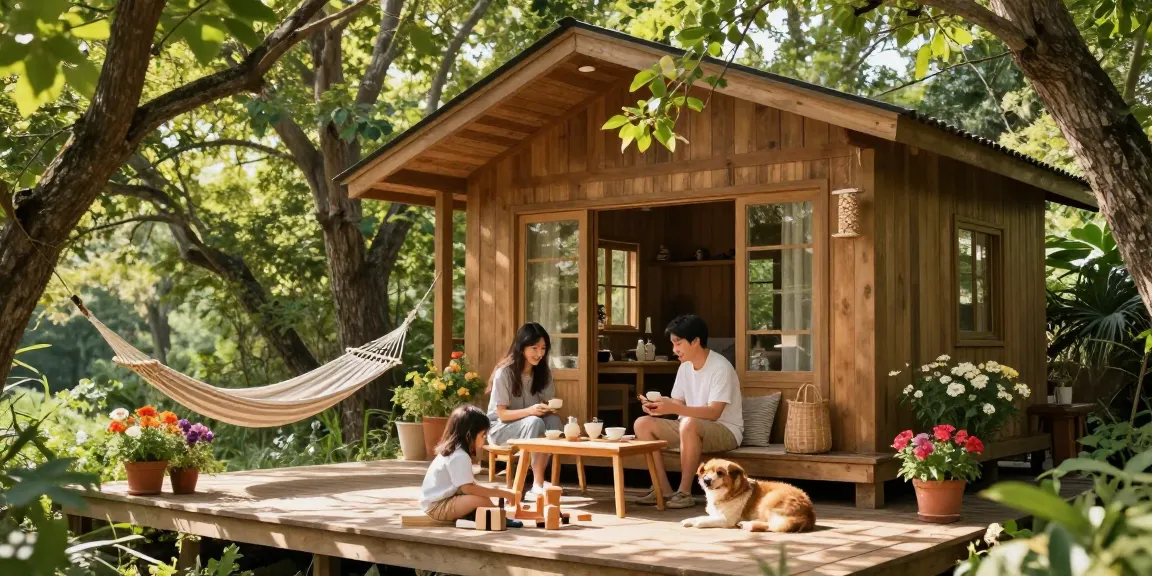 Enjoying serene tree house life in nature with family and pets.