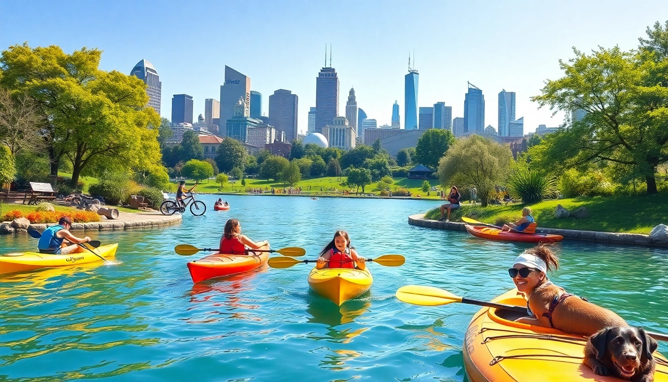 Engaging Activities & Attractions scene with families enjoying outdoor fun and city skyline in vibrant colors.