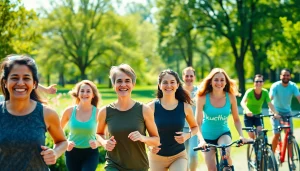 Engaging activities promoting Health with diverse individuals in a vibrant park setting.