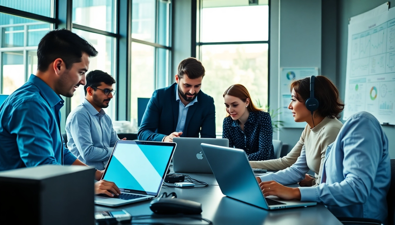 Showcase of managed IT support services team collaborating in a modern office.