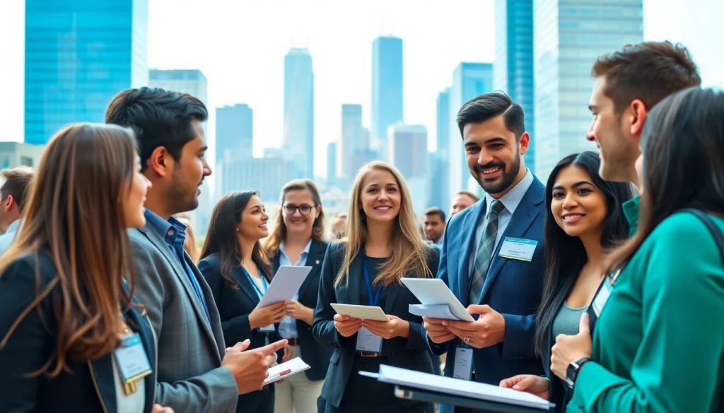 Job seekers networking for Chicago jobs amidst a vibrant cityscape, showcasing diversity and opportunity.