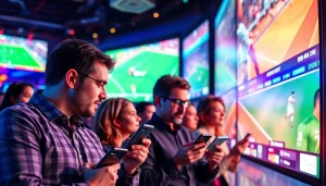 Engaged bettors using mobile devices in a vibrant casino setting showcasing best sports betting sites Mexico.