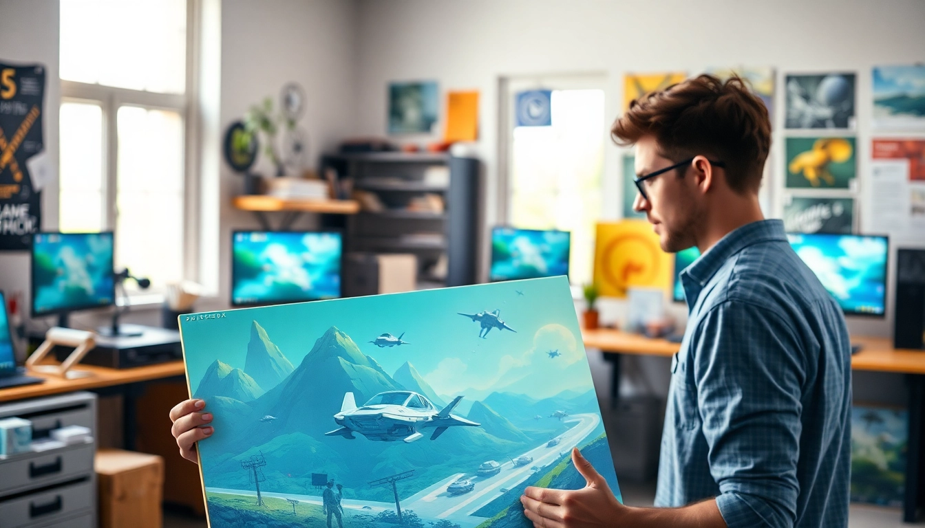 Visualize Freedom X as a revolutionary game design project in a creative workspace.