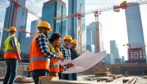 Manhattan General Contractor leading a diverse team on an urban construction site with blueprints.