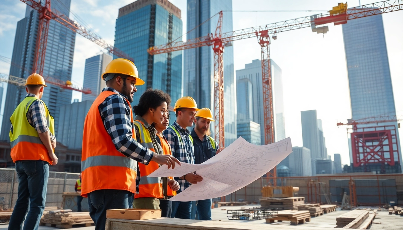 Manhattan General Contractor leading a diverse team on an urban construction site with blueprints.
