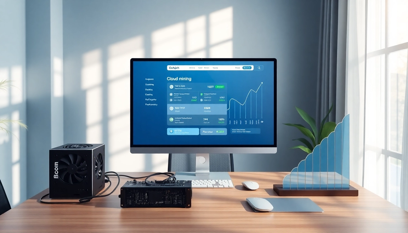 Cloud mining app interface displayed on a modern workstation with mining equipment.