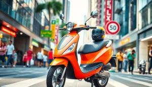 50ccm roller in vibrant city scenery with dynamic atmosphere and urban elements.