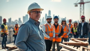 Manhattan General Contractor supervising a diverse team on a bustling construction site.