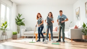 Cleaning Service professionals providing thorough cleaning in a well-lit living room.