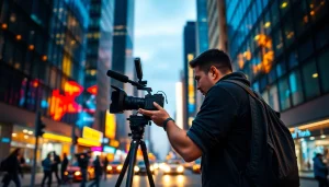 Cinematographic setup capturing a dynamic urban cinematic video production.