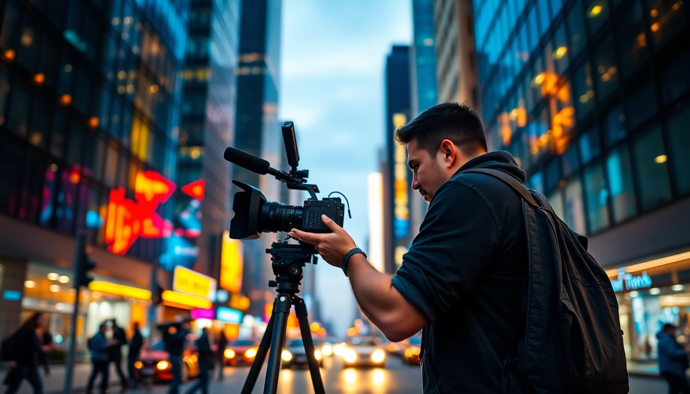Cinematographic setup capturing a dynamic urban cinematic video production.