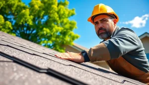 Offering reliable roofing services, a contractor diligently works on a home’s roof, emphasizing quality and professionalism.
