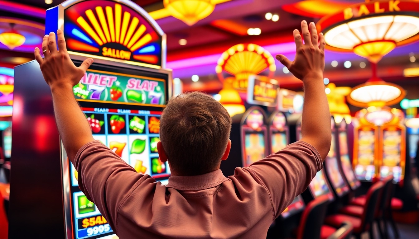 Slot gacor hari ini dengan pemain bersemangat merayakan kemenangan di mesin slot.