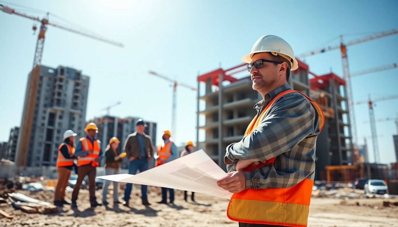 New Jersey Construction Manager supervising a busy construction site with workers and cranes.