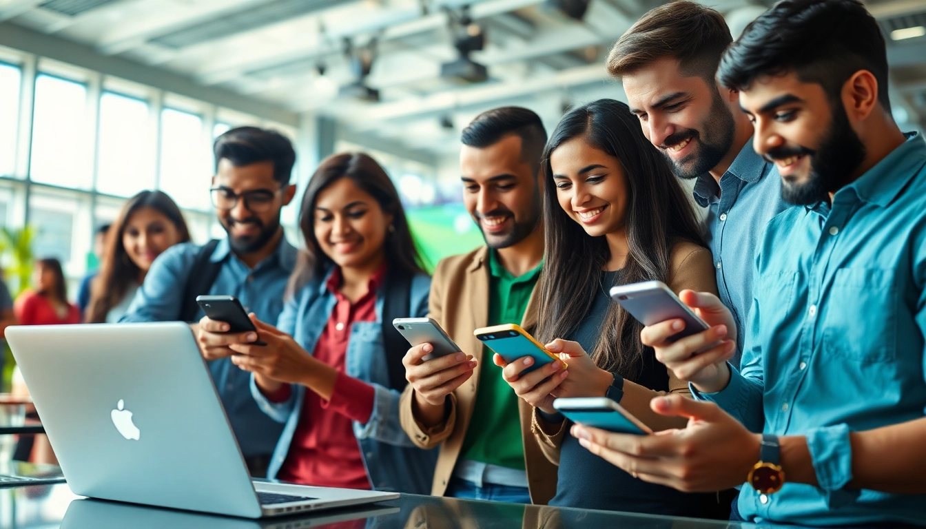 Explore the best sports betting sites India with users actively engaging on mobile devices in a lively environment.