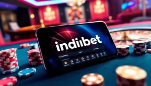 Indibet APK download interface showcased on a mobile device within a vibrant online casino environment.