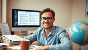 Traducteur assermenté russe travaillant dans un bureau professionnel et traduisant des documents officiels.