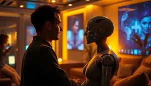 AI sex interaction in a cozy lounge with futuristic ambiance and humanoid AI