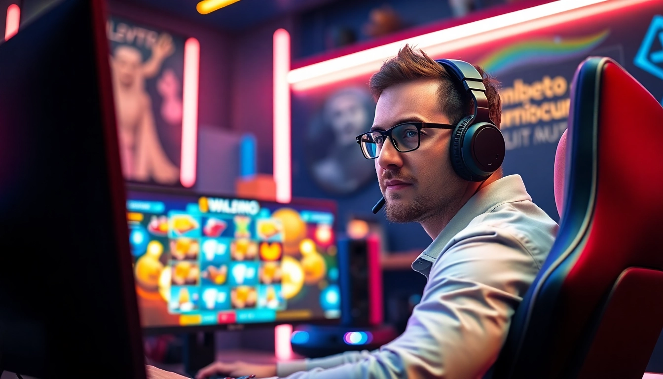 Walettoto pemain slot online sedang fokus dalam permainan di ruang gaming modern