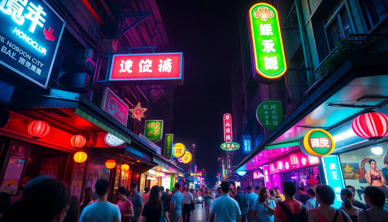 Vibrant Ho Chi Minh City nightlife (호치민밤문화) bustling with neon lights and lively crowds at bars and karaoke clubs.