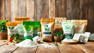 Display of bulk sweetener varieties showcasing stevia and erythritol ingredients.