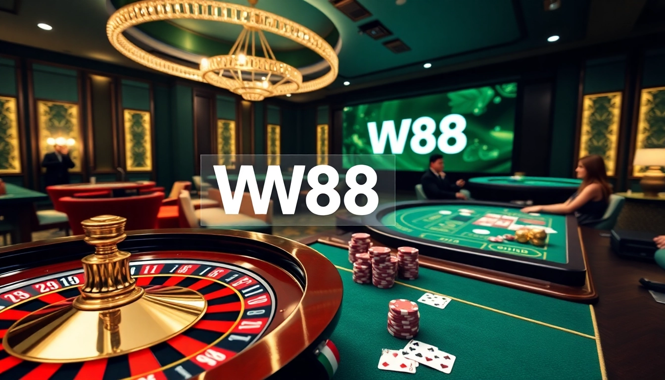 Experience the excitement of gambling with the W88 link showcased in a luxury online casino setting.